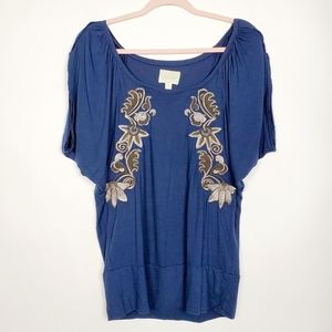 Anthropologie Deletta Mandevilla  Embroidered Applique Navy Medium